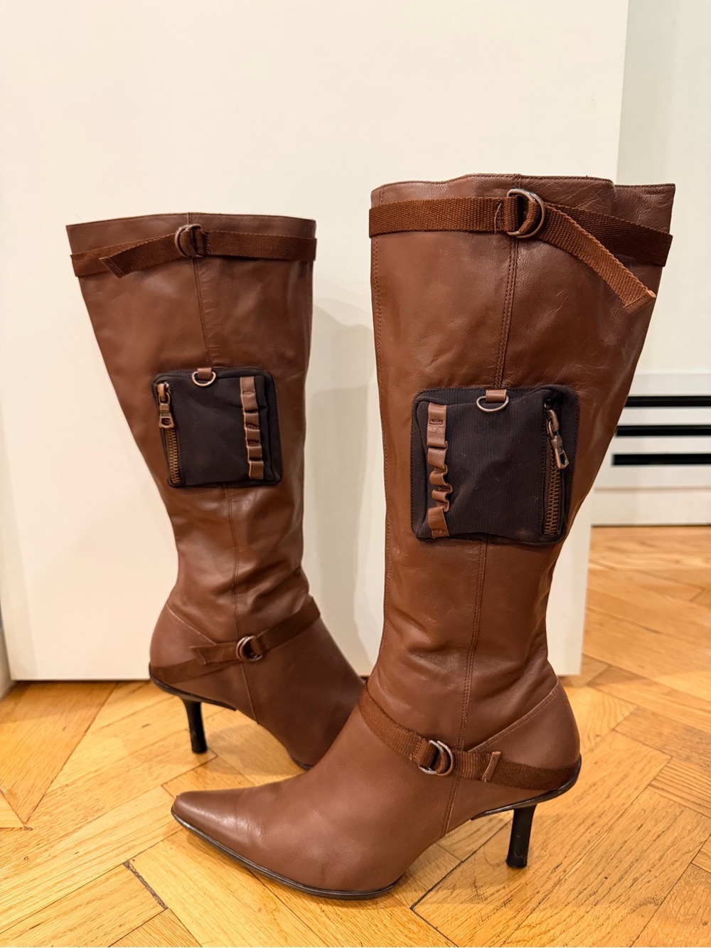 Brown Leather Pointed Toe Knee High Utility Pocket Boots Size 11